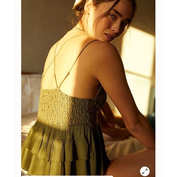 FREE PEOPLE ADELLA CAMI, OLIVE GREEN, COTTAGECORE, LACE, BOHO, EARTHY - Picture 3 of 6